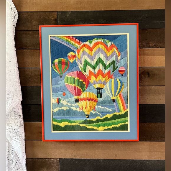 80s Vintage Horizons Always Chasing Rainbows Hot Air Balloon Framed Needlepoint